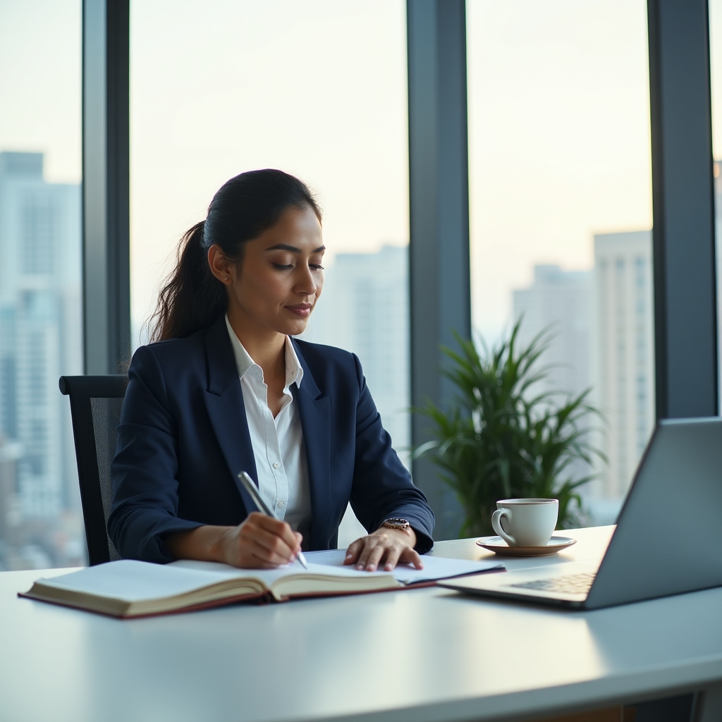 Professional adult reviewing career notes at a well-lit desk with focused expression