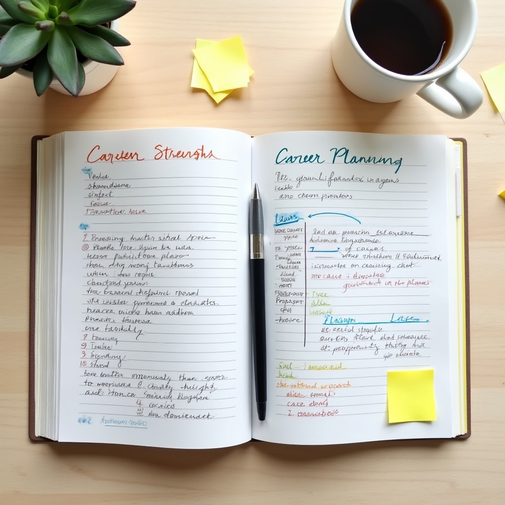 Close-up of a career planning workbook with handwritten notes, sticky notes, and a pen on a wooden desk